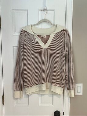 BiBi Cream & Brown Striped V-Neck Hooded Sweater